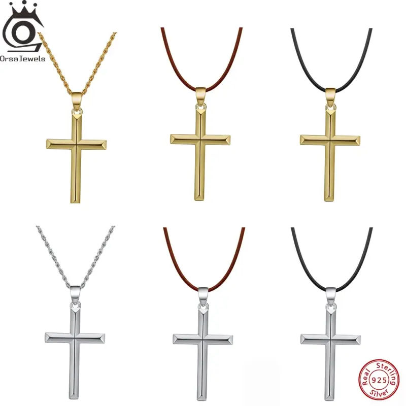 ORSA JEWELS Variantenübersicht: Gold- und Silberkreuz mit Seilkette, brauner und schwarzer Kordel