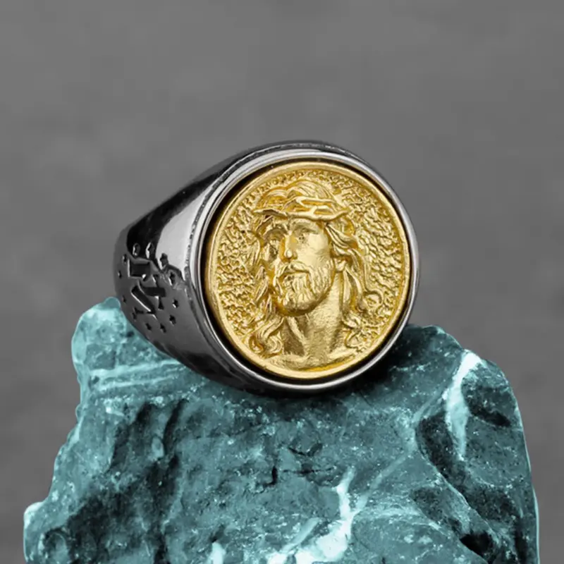 Jesus-Siegelring Herren aus silberfarbenem Metall mit goldfarbenem Christusporträt und Dornenkrone auf rundem Ringkopf