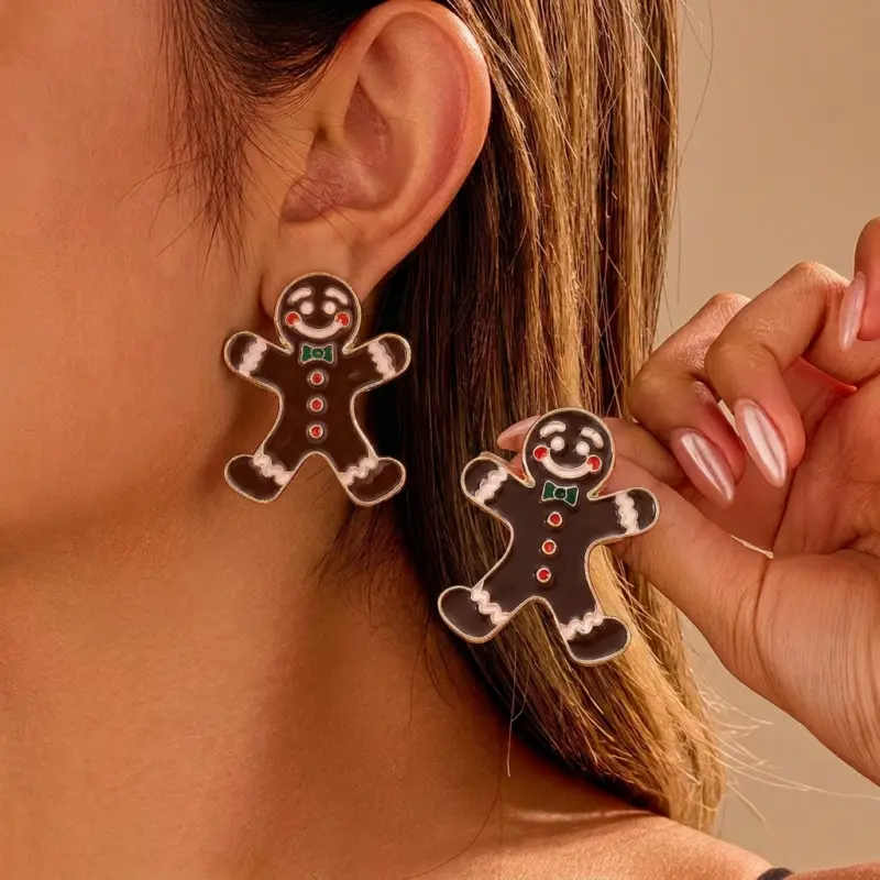 RINHOO FRIENDSHIP klassischer Lebkuchenmann-Ohrschmuck mit grüner Fliege und hellen Zuckergusslinien am Ohr