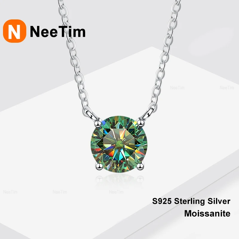 NeeTim Moissanit Halskette Damen aus 925 Silber laut Anbieter mit farbigem Rundstein