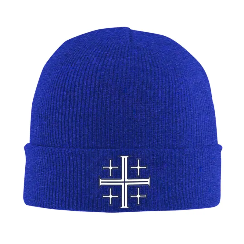 Blaue Jerusalemkreuz-Strickmütze aus Acryl in kräftigem Blauton