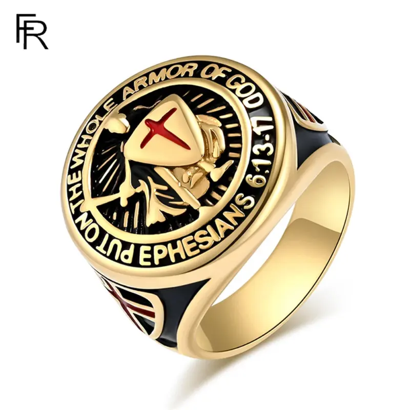 Goldfarbener Herren-Templerring mit Ritter und rotem Kreuzschild, Vorderansicht