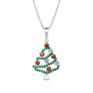 Huitan Weihnachtsbaum-Kette Vorderansicht auf Weiß mit roten grünen und klaren Zirkonia