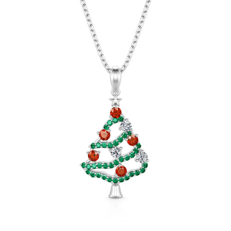Huitan Weihnachtsbaum-Kette Vorderansicht auf Weiß mit roten grünen und klaren Zirkonia