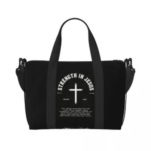 Schwarze christliche Reisetasche Strength in Jesus mit weißem Kreuz, Jesaja 40,31 und Tragegriffen