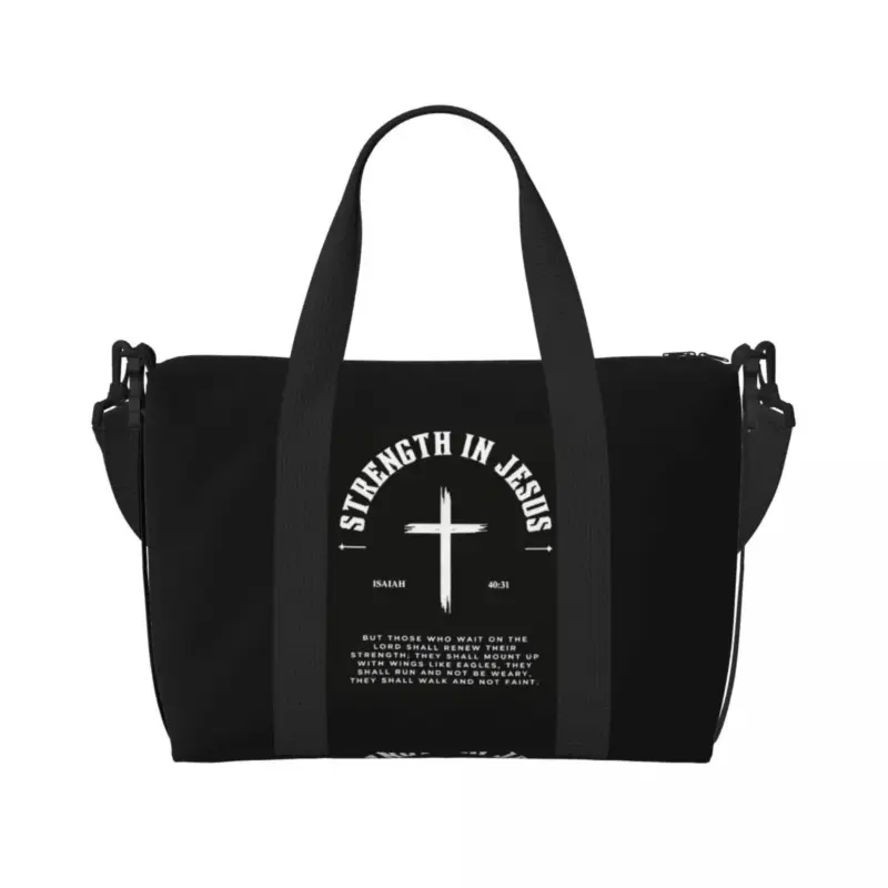kf-S952f72b868874b58a03ce2792f0ab76eF Schwarze christliche Reisetasche Strength in Jesus mit weißem Kreuz, Jesaja 40,31 und Tragegriffen
