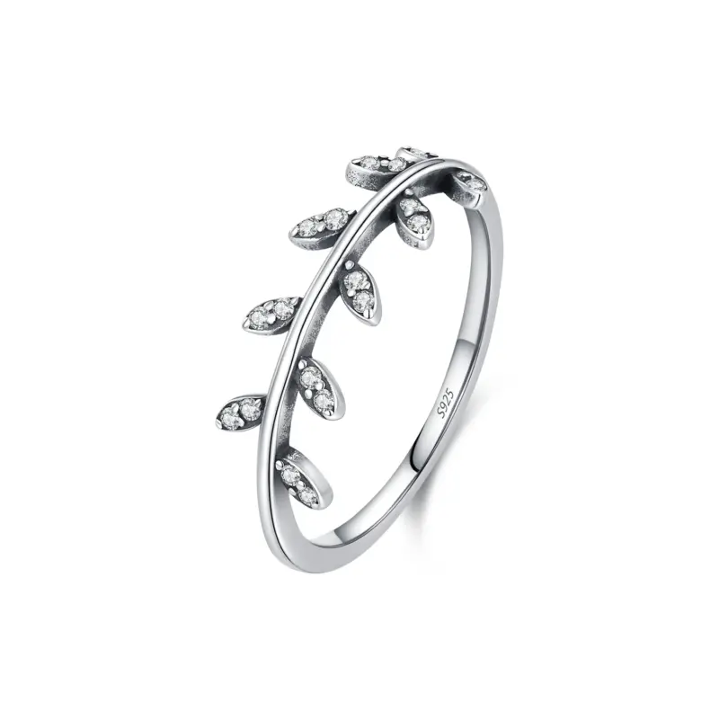 kf-S95c81dff3cb24aec8e8200ee9ecbe57e9 MODIAN Olivenzweig-Ring mit 925er Silberangabe des Lieferanten und klaren Blattsteinen vor Weiß