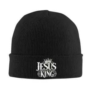 Schwarze CHAMPRINT Jesus Is King Strickmütze mit verziertem silberfarbenem Schriftzug und Krone