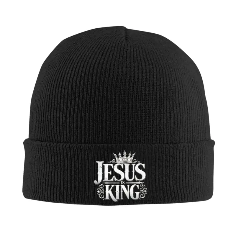 Schwarze CHAMPRINT Jesus Is King Strickmütze mit verziertem silberfarbenem Schriftzug und Krone