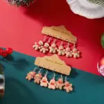 Zwei Fotobeispiele von jeweils drei Paar Lebkuchenmann-Ohrringen auf Schmuckkarten vor weihnachtlichem Hintergrund