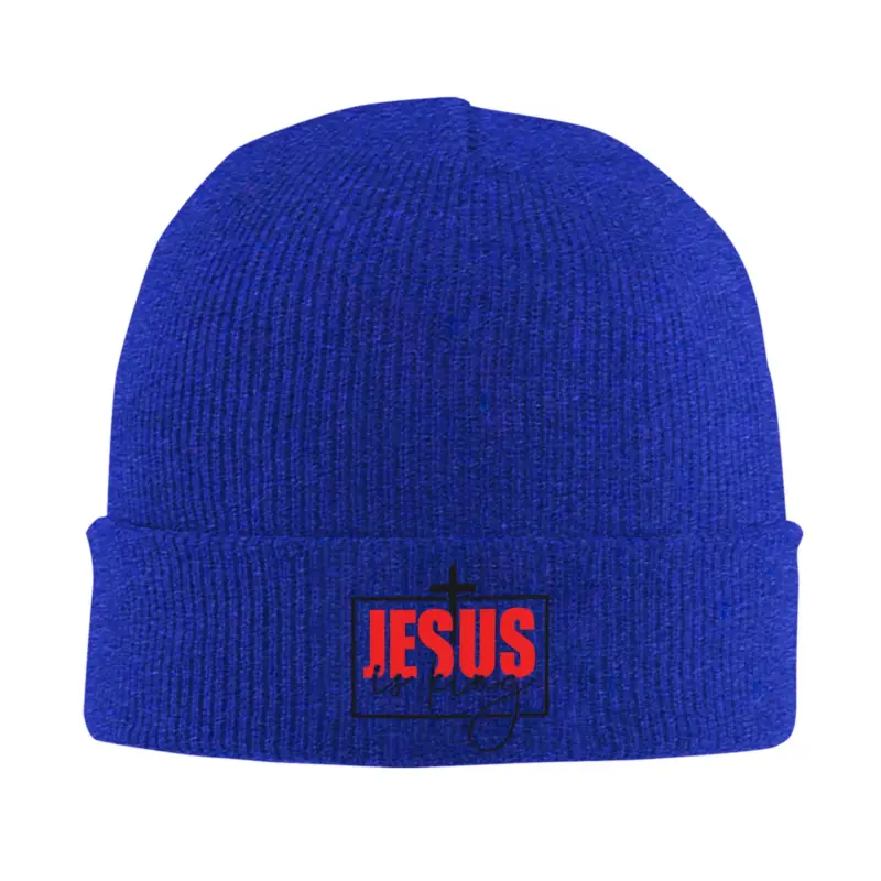 Blaue Jesus Is King Beanie mit Kreuz – Farbvariante Blau