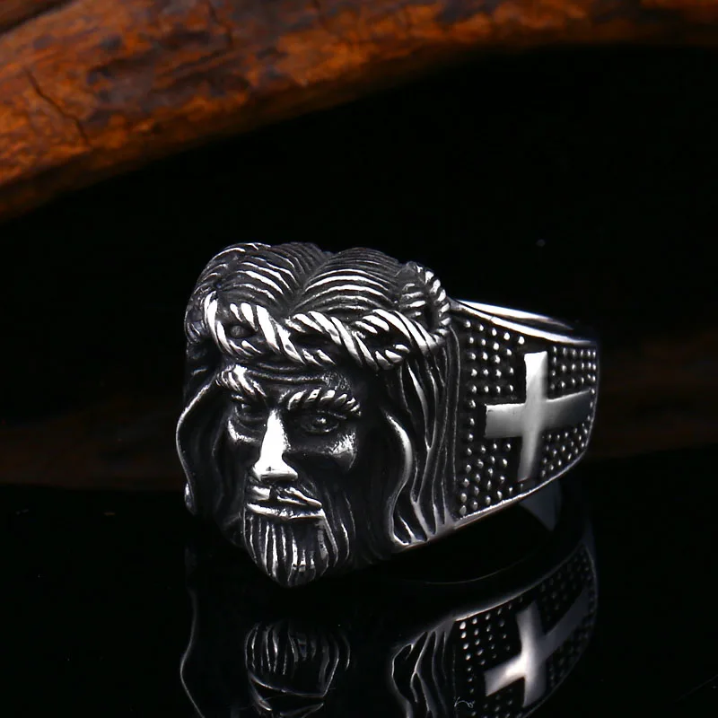 BEIER Jesusporträt-Ring mit Dornenkrone und seitlichem Kreuz