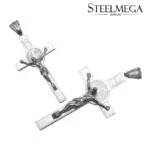 STEELMEGA Benediktus-Kruzifixanhänger in Silberoptik, zwei Ansichten mit Jesusfigur und Benediktusmedaille