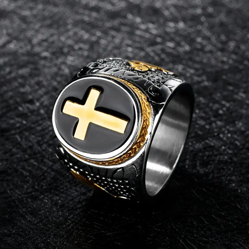 NORTHMAN Herren-Siegelring mit goldfarbenem Kreuz auf dunklem Rundschild