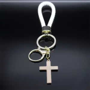 Weißer AFAWA Jesus-Schlüsselanhänger mit geflochtener Schlaufe, Schlüsselringen und goldfarbenem Kreuz in Gesamtansicht