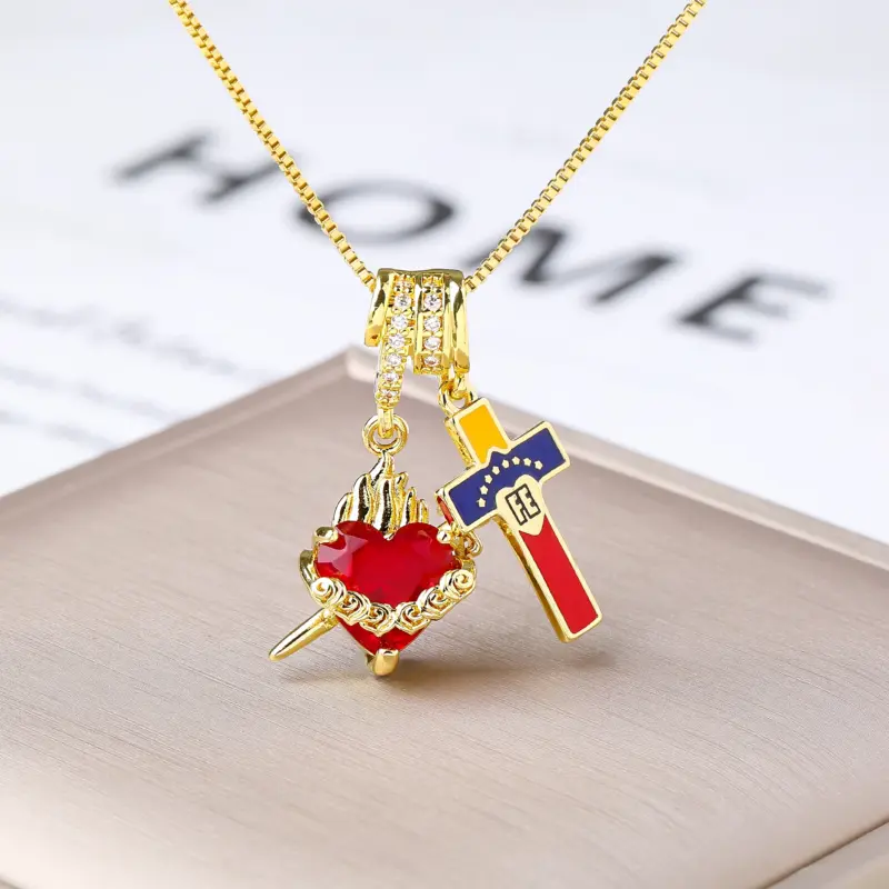 Chelsea Kette – Flammenherz mit Schwert, Rosen und FE-Kreuz