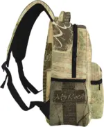 Seitenansicht des christlichen Rucksacks mit Netztasche, Reißverschlüssen und Schulterträger
