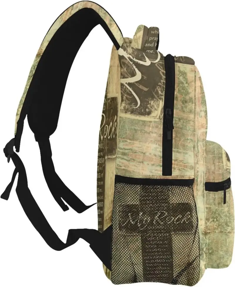 Seitenansicht des christlichen Rucksacks mit Netztasche, Reißverschlüssen und Schulterträger