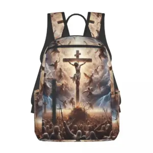 Christlicher Jesus-Rucksack mit Kreuzigung Jesu und Engeln als großflächigem Motiv, Vorderansicht