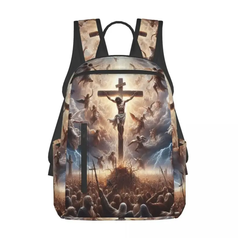 Christlicher Jesus-Rucksack mit Kreuzigung Jesu und Engeln als großflächigem Motiv, Vorderansicht