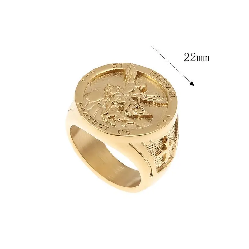 Goldfarbener Erzengel-Michael-Ring mit 22 mm Maßangabe auf dem Lieferantenbild