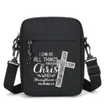 Schwarze Crossbody-Tasche mit Kreuz und Aufschrift I can do all things through Christ who strengthens me, Philippians 4:13