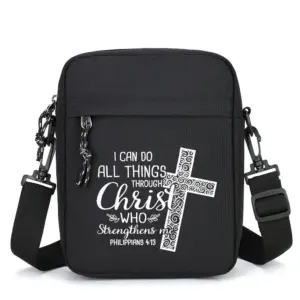 Schwarze Crossbody-Tasche mit Kreuz und Aufschrift I can do all things through Christ who strengthens me, Philippians 4:13