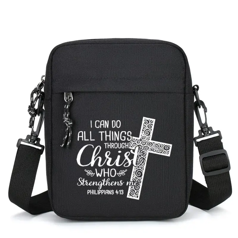 kf-Sb5c5983cadea48e8b4497ed3747abc78H Schwarze Crossbody-Tasche mit Kreuz und Aufschrift I can do all things through Christ who strengthens me, Philippians 4:13