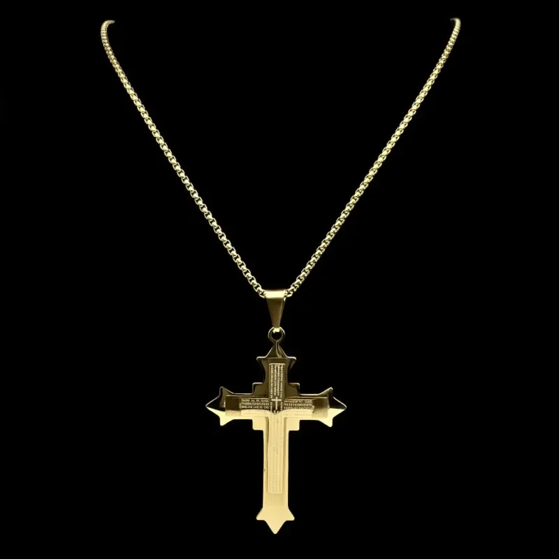 AFAWA goldfarbene Kreuzkette mit 60 cm Kastenkette und Schriftmotiv auf schwarzem Hintergrund