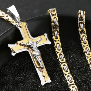DIYALO zweifarbige Edelstahl-Kruzifixkette Gold und Silber mit Jesusfigur und kräftiger Königskette