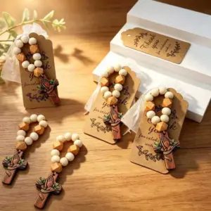 Holz Rosenkranz Gastgeschenk zur Taufe mit Organzabeutel und Thank-you-Karte