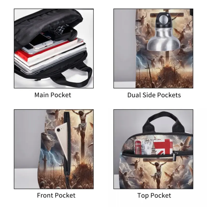 Jesus-Motiv-Rucksack mit Hauptfach, Frontfach, oberen und seitlichen Taschen in der Lieferantengrafik