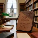 Braune Bibelhülle mit Kreuz und Schriftzug God is within her she will not fall in einer Bibliothek