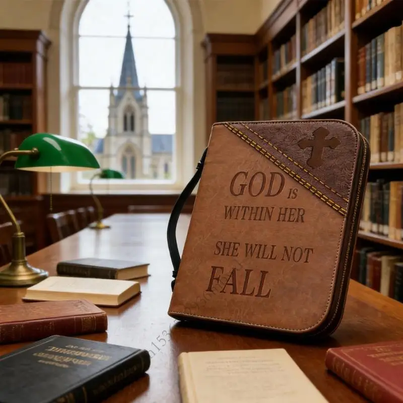 Braune Bibelhülle mit Kreuz und Schriftzug God is within her she will not fall in einer Bibliothek