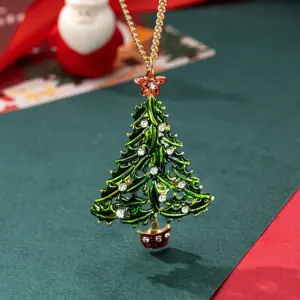 Huitan Weihnachtsbaum-Kette Damen – grüner Tannenbaum mit rotem Stern und Zirkonia