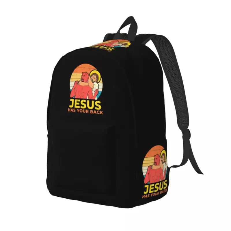 Jesus Has Your Back Rucksack mit Jesus-Motiv auf schwarzem Grund