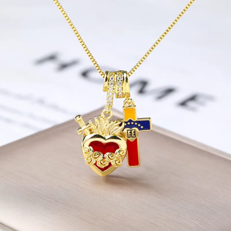 Chelsea Kette – Flammenherz mit Kreuz, Rosen und FE-Kreuz