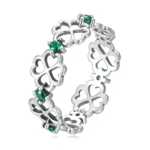 Silberfarbener BAMOER Kleeblatt-Ring SCR859 mit vierblättrigem Kleemotiv und grünen Steinakzenten