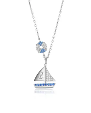 TONGZHE Segelboot-Halskette Silberoptik mit blauen Zirkonia und Ankersymbol, freigestelltes Produktfoto