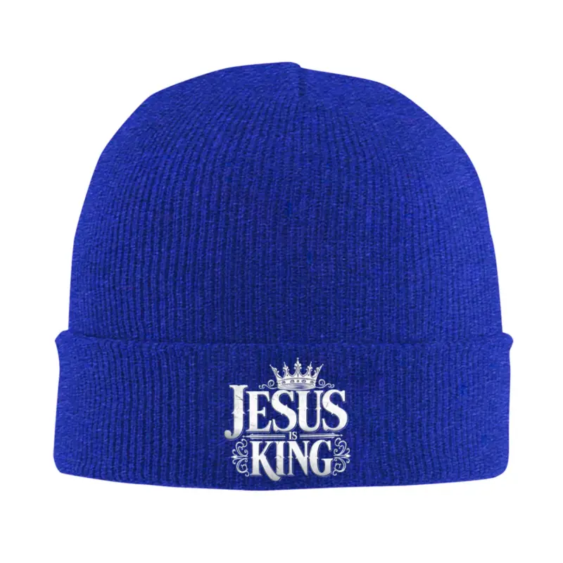 Blaue CHAMPRINT Jesus Is King Beanie mit hellem Krone-Schriftzug-Motiv