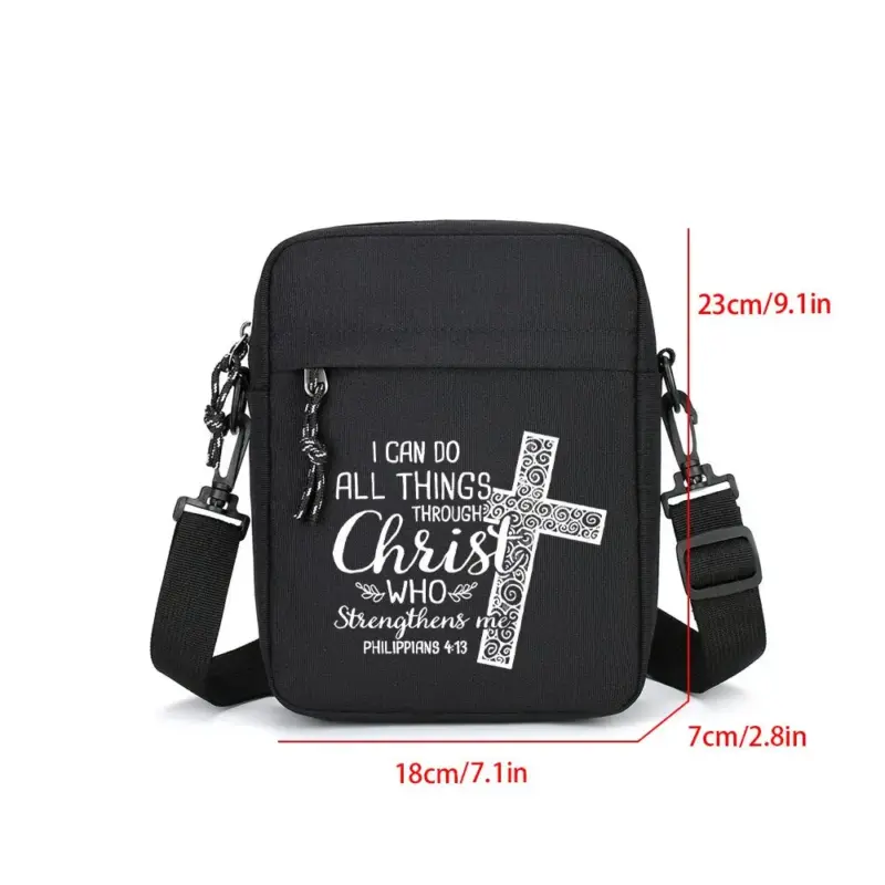 Größengrafik der schwarzen christlichen Tasche mit ca. 23 cm Höhe, 18 cm Breite und 7 cm Tiefe