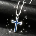 Silberfarbene Kreuzkette mit blauen Strasssteinen und Gliederkette