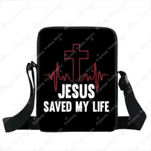Fantasy Valley schwarze Jesus-Umhängetasche mit rotem Herzschlag-Kreuz und Aufschrift Jesus Saved My Life