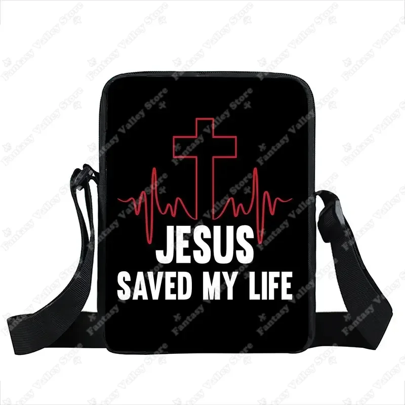 Fantasy Valley schwarze Jesus-Umhängetasche mit rotem Herzschlag-Kreuz und Aufschrift Jesus Saved My Life
