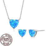 QooLady Schmuckset Damen aus 925 Silber mit blauer Herz-Halskette und Ohrsteckern