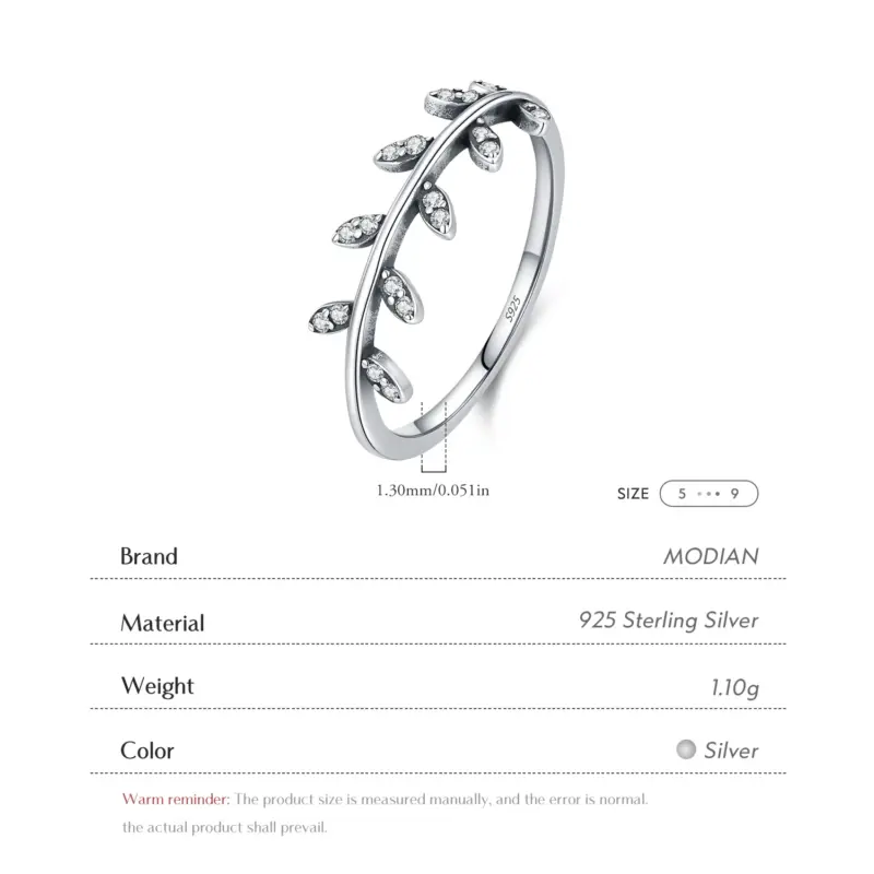 Maßgrafik MODIAN Ring: Ringschiene ca. 1,3 mm und Gewicht ca. 1,10 g laut Anbieter, Größen 5 bis 9