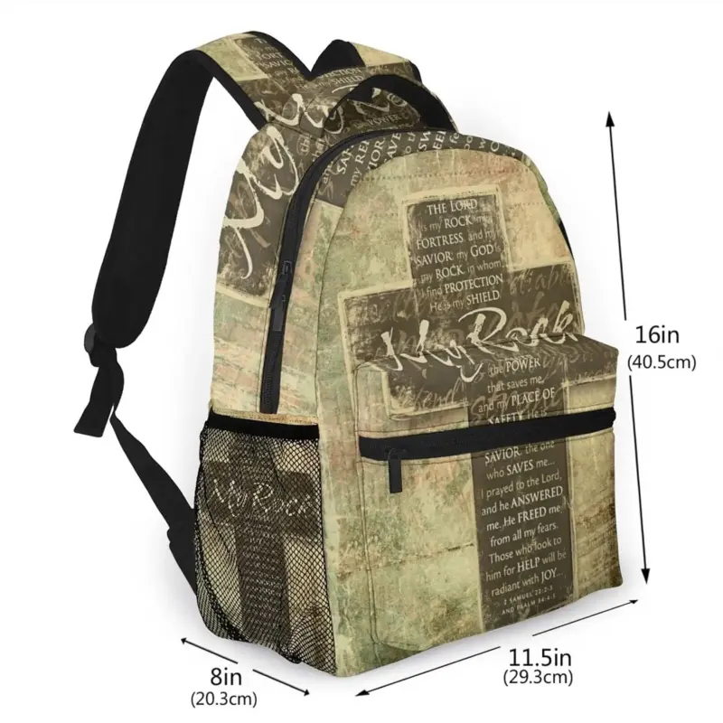 Christlicher Bibelvers-Rucksack mit Maßgrafik – Größenangaben laut Hersteller