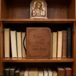Braune Bibelhülle mit Trust in the Lord Schriftzug und Ornamentrahmen im Bücherregal
