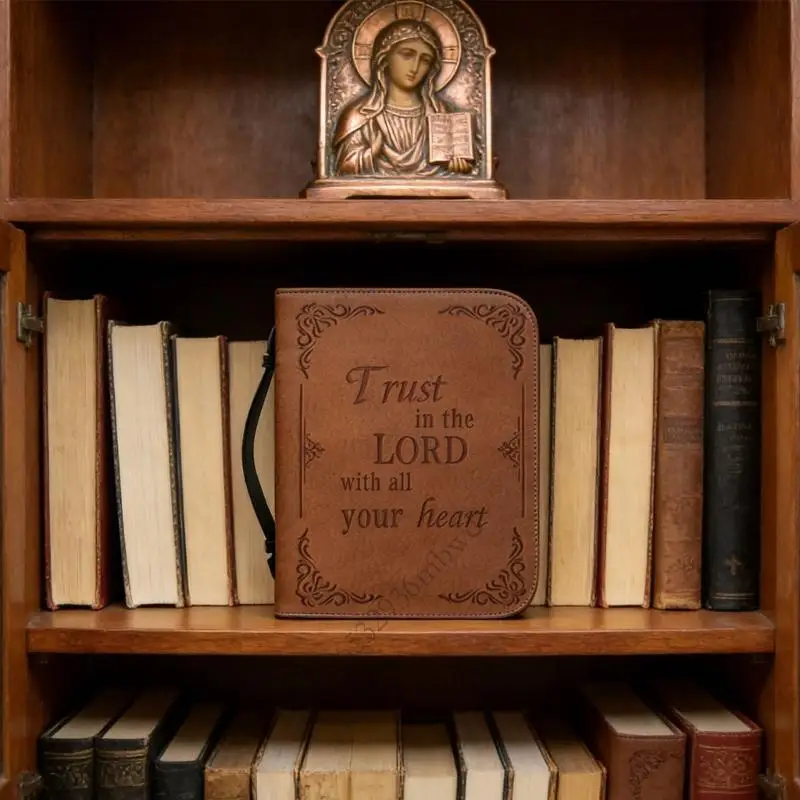 Braune Bibelhülle mit Trust in the Lord Schriftzug und Ornamentrahmen im Bücherregal