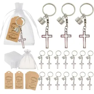 Kreuz und Bibel Schlüsselanhänger Gastgeschenk Set mit Organzabeutel und Dankeskarte